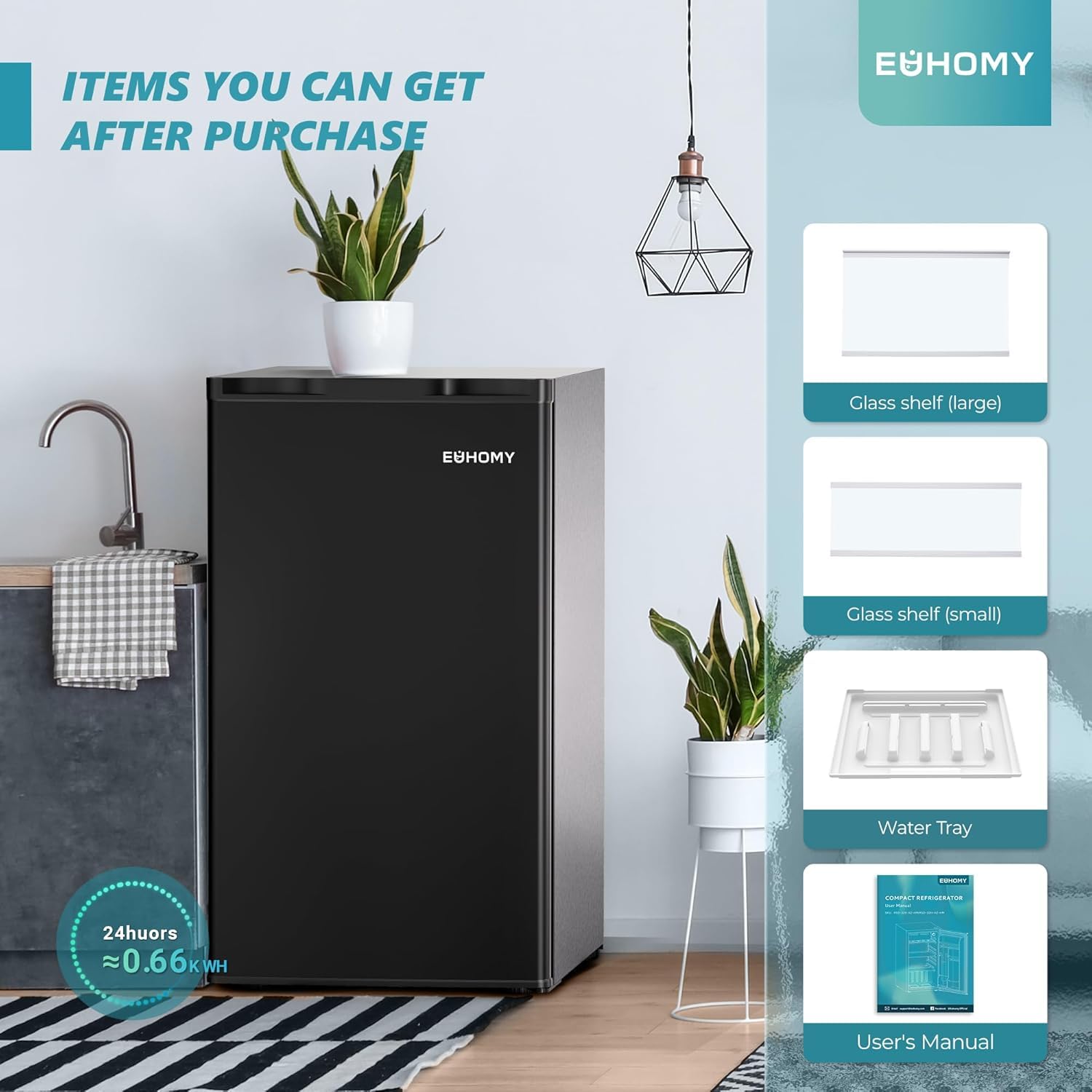 EUHOMY 4.4 Cu.Ft Fridge with Freezer, Single Door Compact Refrigerator, Adjustable Thermostat, Mini Refrigerator Energy Saving, Mini fridge for Bedroom, Dorm, Office, Black