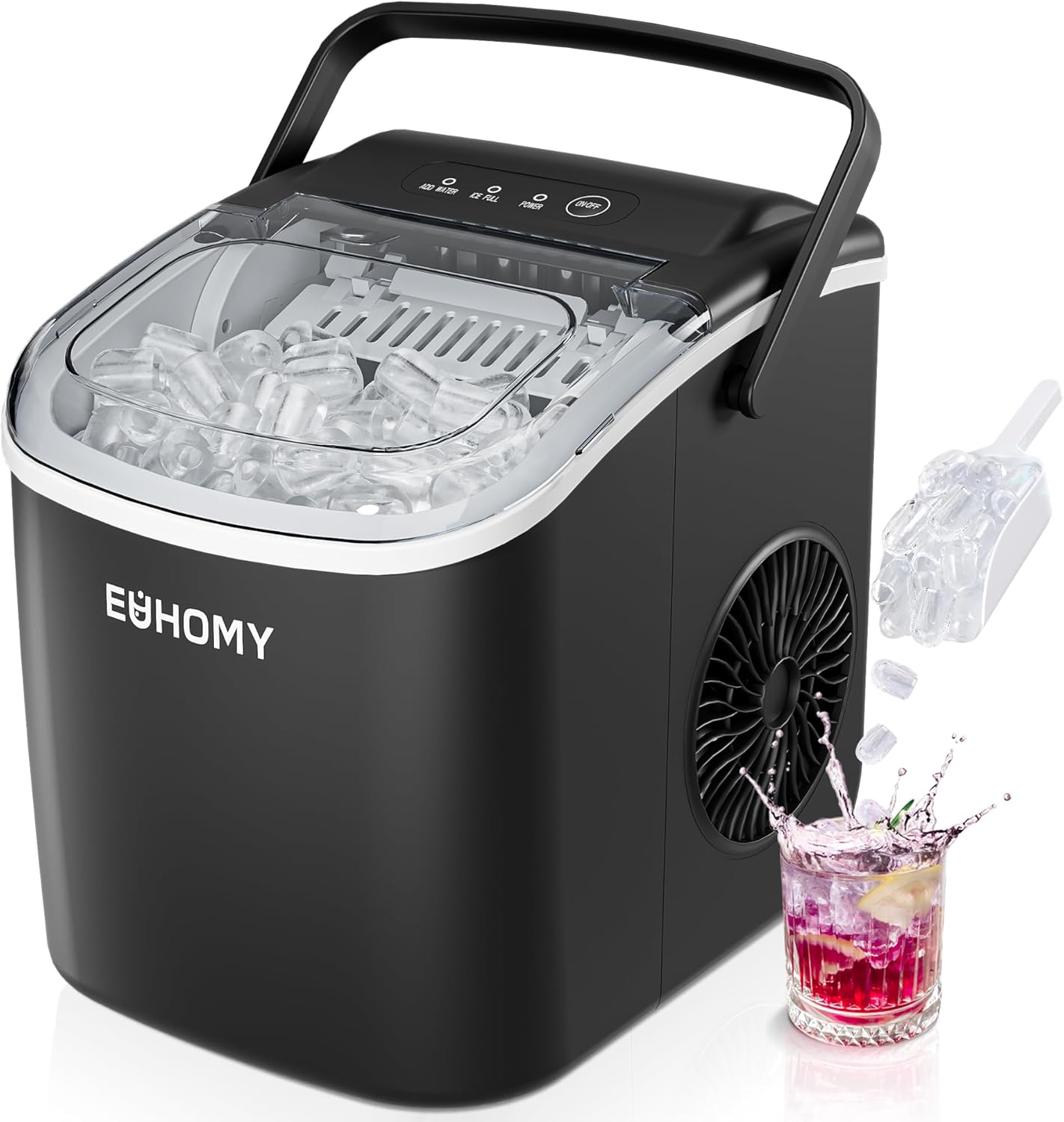 DUMOS Countertop Ice Maker with Handle, 26lbs/24H Portable Ice Machine, 9 Bullet Ice Cubes Ready in 6 Mins, Self-Cleaning, Quiet Compact Ice Maker for Home, Kitchen, RV, Camping, Black